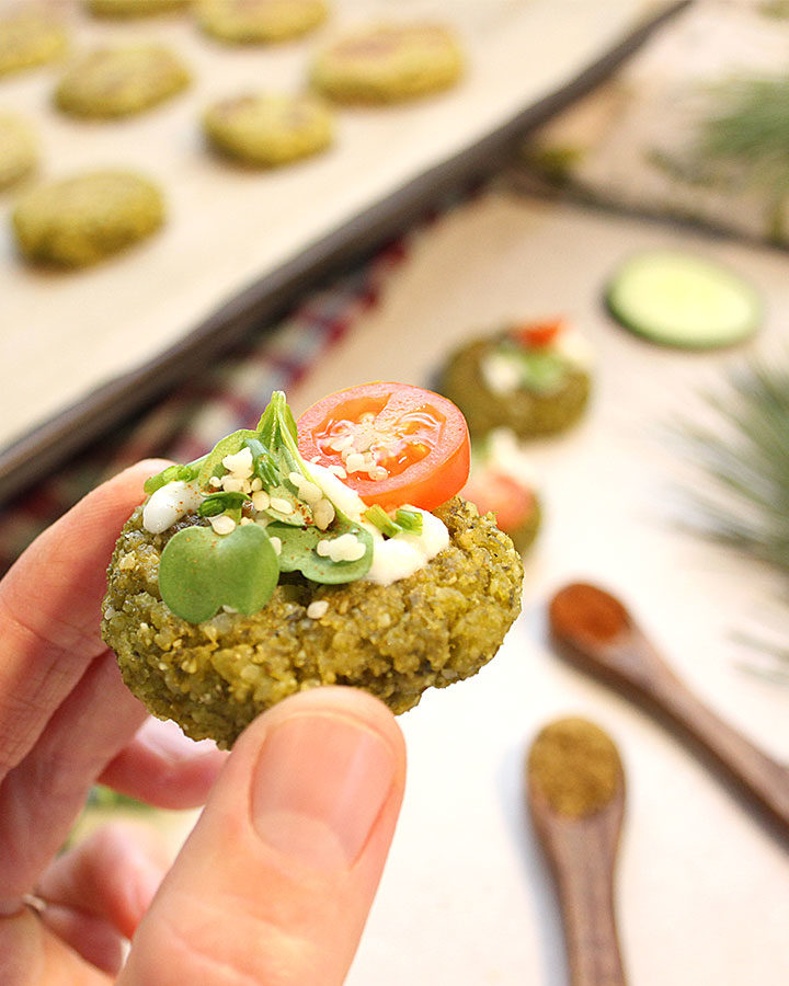 Simple, tasty, oven-baked Green Pea Falafels recipe. Ready in 45 minutes! 8 ingredients + spices! These Green Pea Falafels are a must try! Enjoy them fresh out of the oven! Vegan | Low FODMAP | SIBO Safe | Allergen-Friendly - freshisreal.com #freshisreal #falafels #veganfalafel