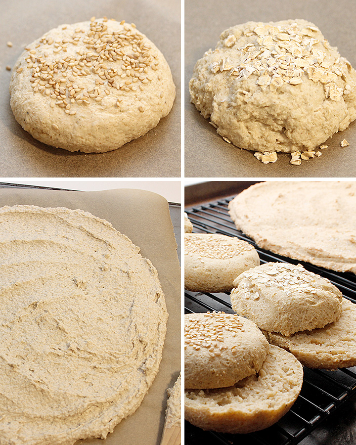 Yeast-free GF vegan dough ready to bake as rolls or pizza crust.