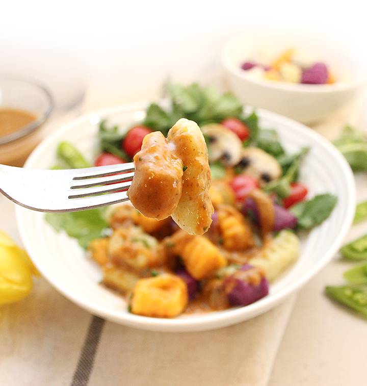 Colourful gluten-free vegan gnocchi prepared with 3 simple ingredients: mashed potatoes of choice (e.g., russet, yellow, sweet potato, etc.), arrowroot starch/flour and potato flour. Salt, pepper and garlic powder are optional but make these little bites so delicious! Serve with your favourite tomato sauce or my Vegan Mushroom Gravy. For recipes visit freshisreal.com