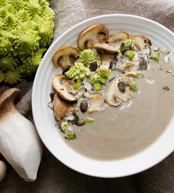 A creamy, yet dairy-free, nutritious cauliflower mushroom soup. Gluten-free, vegan, allergen-friendly. freshisreal.com