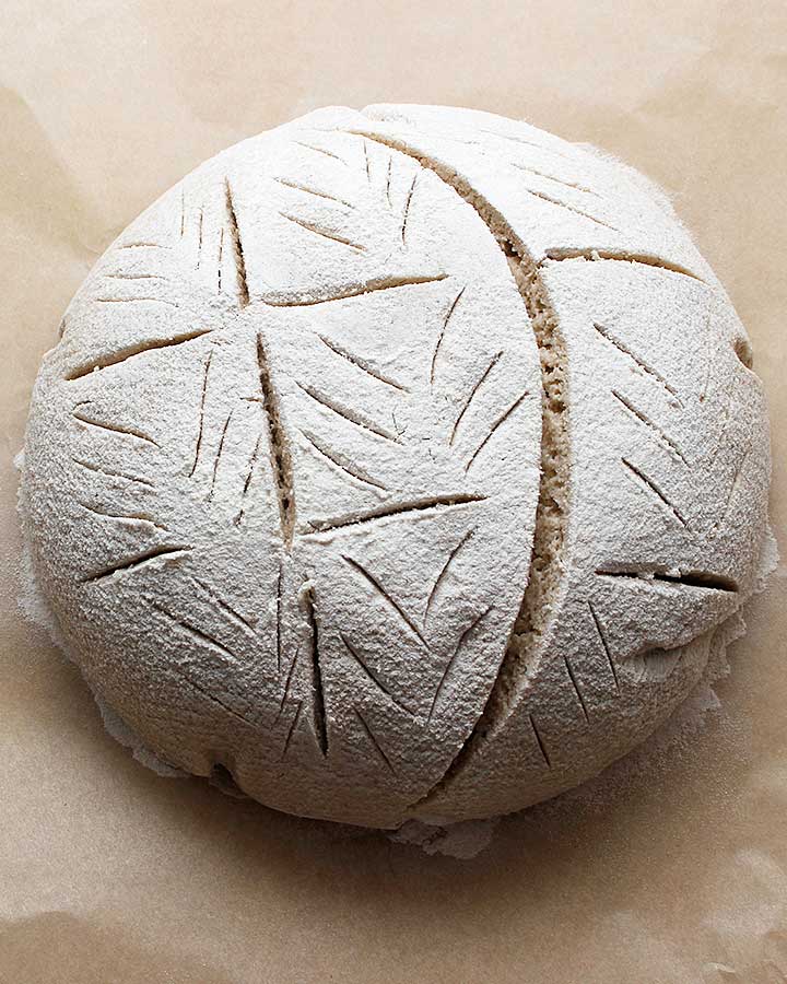 Score lines on a gorgeous gluten-free sourdough boule by Fresh is Real