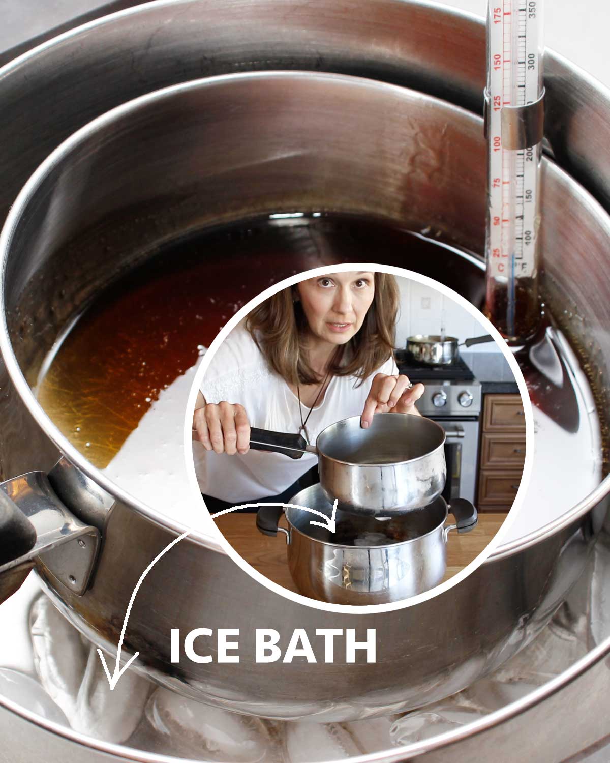 Ice bath: 2 saucepots, one filled with ice cubes to help cool the boiled maple syrup to make hand-stirred maple spread.