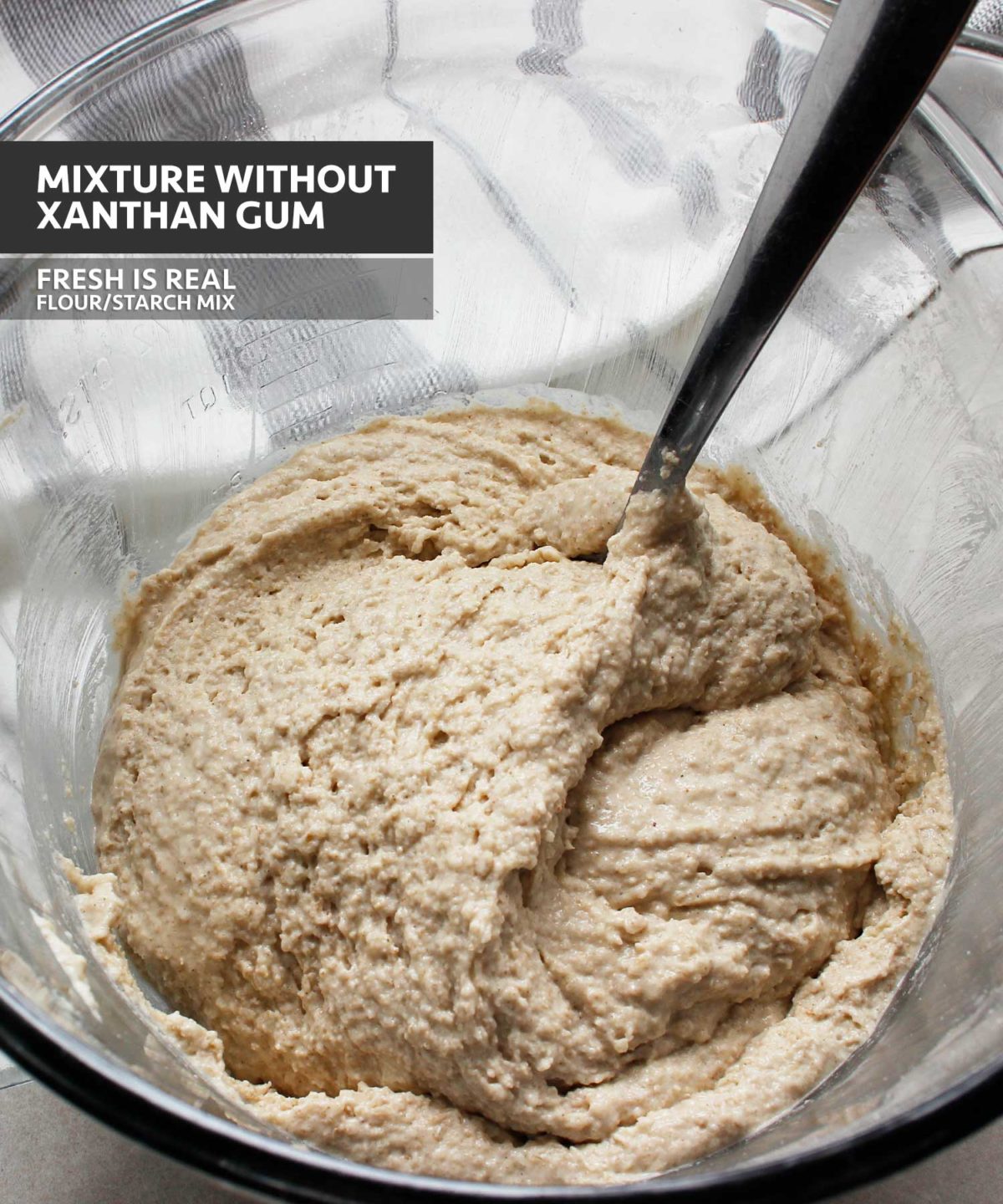 Yeast-free gluten-free vegan dough mixture prepared with a custom mix of GF starches and flours with no xanthan gum.