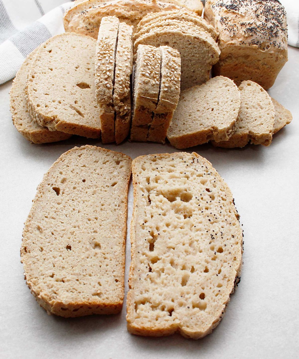 Comparing yeast-free, gluten-free, vegan bread slices. One with xanthan gum and one without.