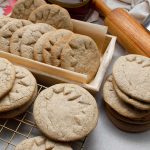 Beautiful round GF Vegan Maple Cookies stamped with a maple leaf